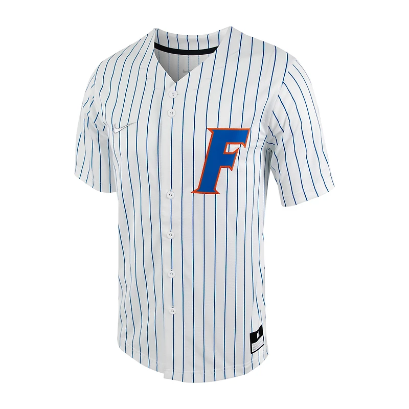 Maillot de baseball réplique à boutons complets Nike pour homme blanc/Royal Florida Gators Pinstripe