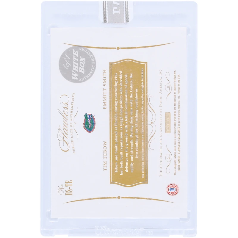 Tim Tebow et Emmitt Smith Florida Gators autographiés 2018 Panini Flawless Dual Auto White Box #DS-TE #1/1 Card