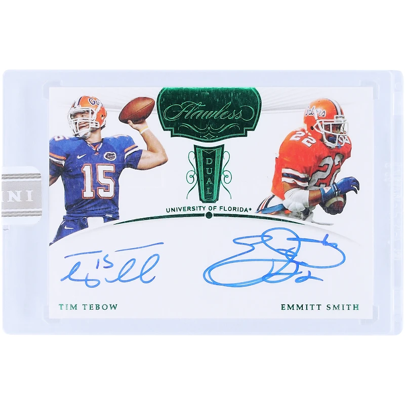 Tim Tebow et Emmitt Smith Florida Gators autographiés 2018 Panini Flawless Dual Auto White Box #DS-TE #1/1 Card