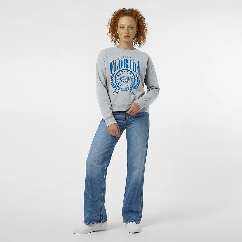 Sweat-shirt à col rond Champion pour femme, gris chiné, écusson académique Florida Gators, Powerblend