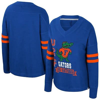 T-shirt surdimensionné violet à manches longues et col en V pour femme Colosseum Royal Florida Gators