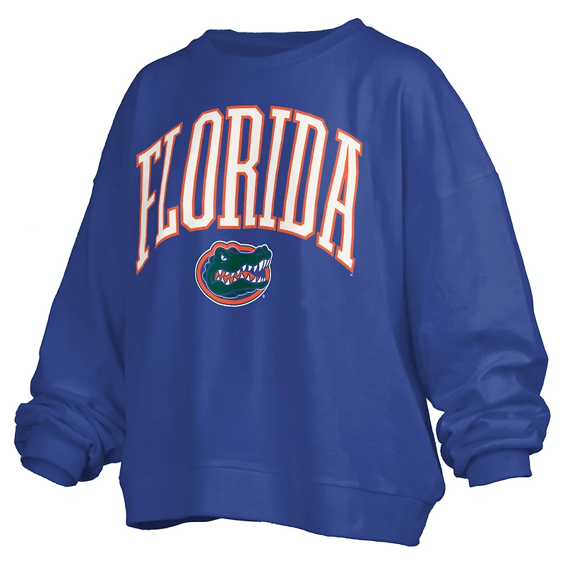 Women's Pressbox Royal Florida Gators Janise Arch Over Logo Waist Length Oversized Pullover Sweatshirt