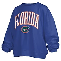 Women's Pressbox Royal Florida Gators Janise Arch Over Logo Waist Length Oversized Pullover Sweatshirt