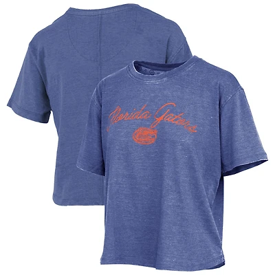 T-shirt vintage Pressbox Royal Florida Gators pour femmes, longueur taille, logo superposé à l'écriture cursive