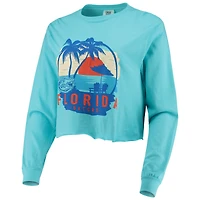 Women's Teal Florida Gators Palm Trees Sunset Long Sleeve Crop Top