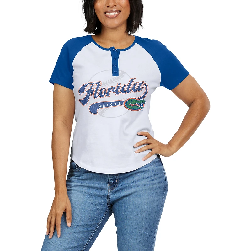 Women's WEAR by Erin Andrews White Florida Gators Baseball Logo Raglan Henley T-Shirt