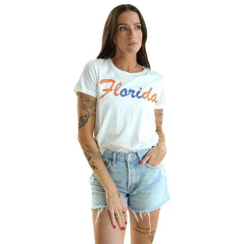 Women's White Florida Gators Hand Sewn Beaded Script T-Shirt
