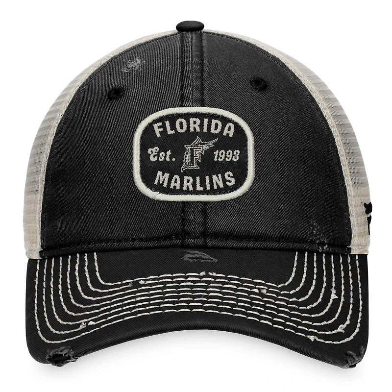 Men's Fanatics Black Florida Marlins Distressed Patch Trucker Adjustable Hat