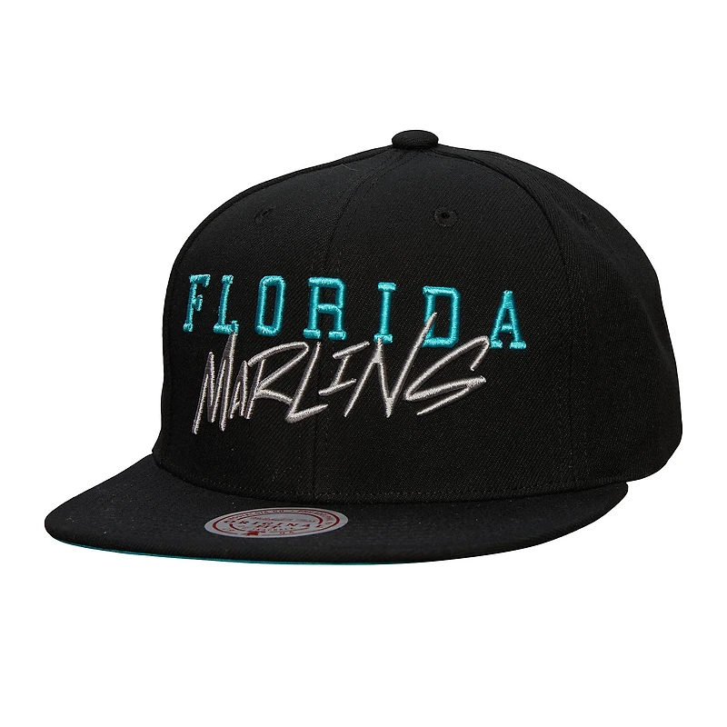 Casquette Snapback noire avec étiquette de l'équipe des Marlins de Floride Mitchell & Ness pour hommes