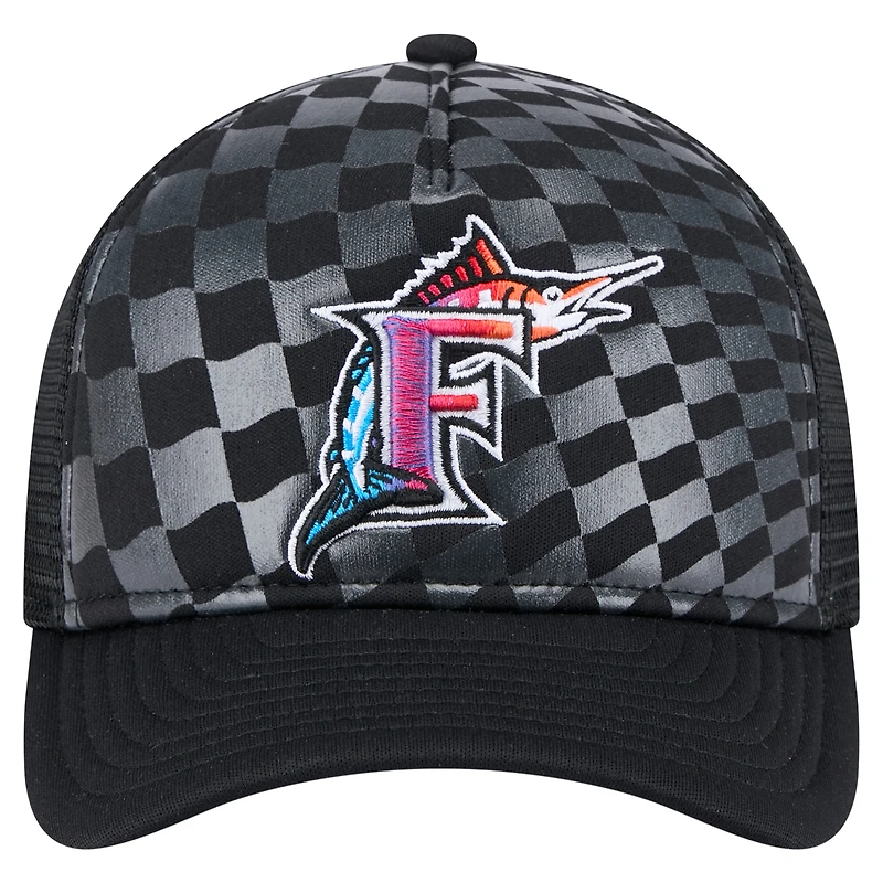 Casquette ajustable Cooperstown Collection 9FORTY A-Frame M-Crown Trucker de New Era pour homme, noire, avec dégradé de couleur, des Florida Marlins
