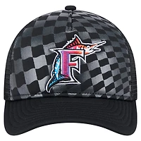 Casquette ajustable Cooperstown Collection 9FORTY A-Frame M-Crown Trucker de New Era pour homme, noire, avec dégradé de couleur, des Florida Marlins