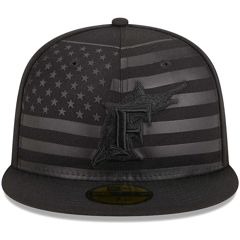 Men's New Era Black Florida Marlins Cooperstown Collection Tonal Flag 59FIFTY Fitted Hat