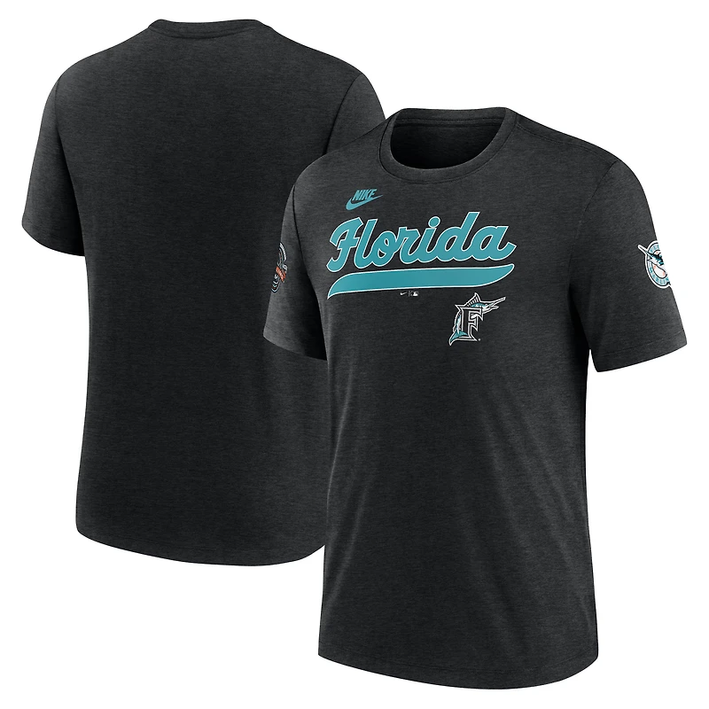 T-shirt Nike noir chiné pour homme, collection Cooperstown Eras Tri-Blend des Florida Marlins