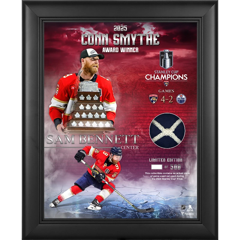 Collage encadré de 33 x 40 cm de Conn Smythe, champions de la Coupe Stanley 2025 des Panthers de la Floride, avec un morceau de filet utilisé lors de la finale de la Coupe Stanley 2025 - Édition limitée à 500 exemplaires
