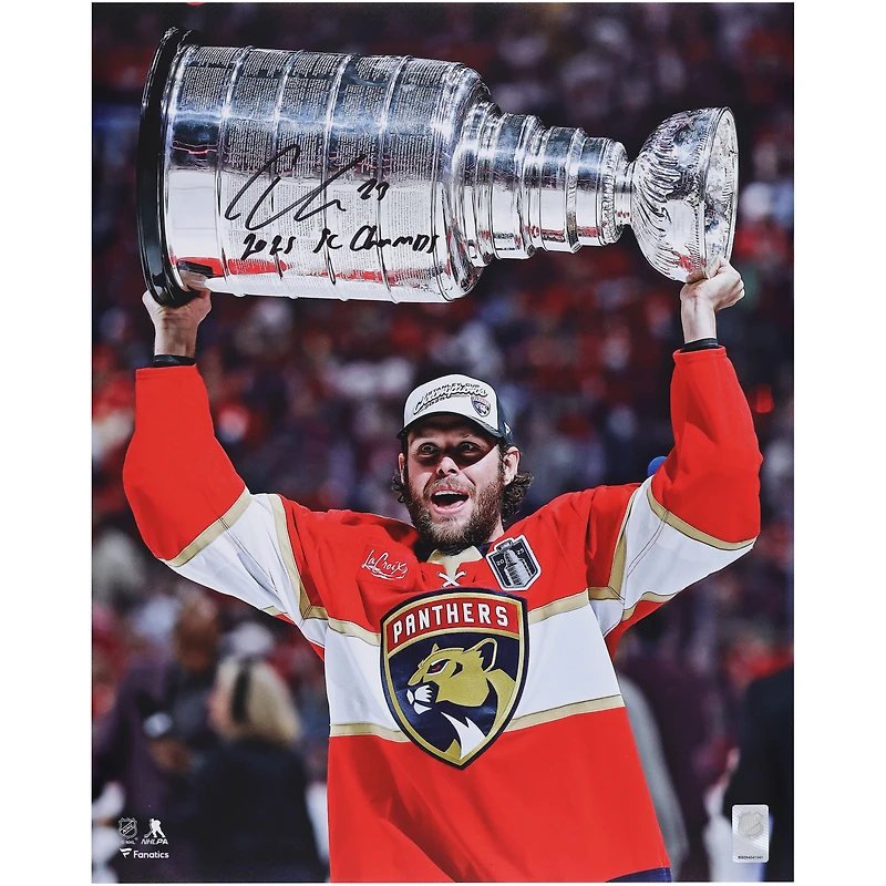 Carter Verhaeghe Florida Panthers Autographed 2025 Stanley Cup Champions 16" x 20" Raising Cup Photograph with "2025 SC Champs" Inscription
