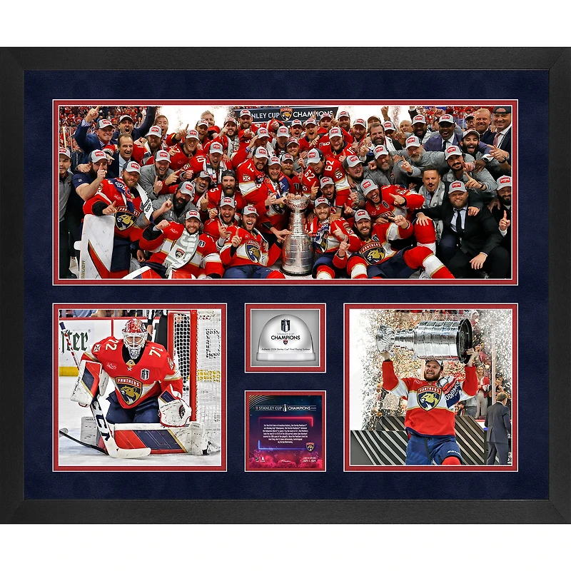 Florida Panthers 2024 Champions de la Coupe Stanley Encadré 20'' x 24'' Collage de 3 photographies avec glace utilisée par le jeu - Édition limitée de 2024