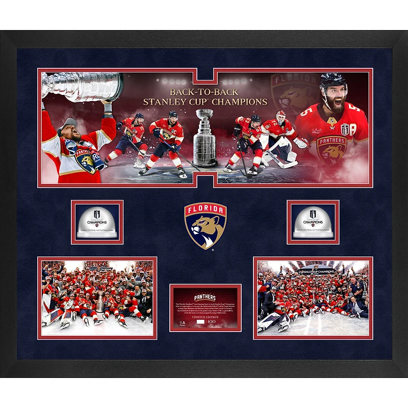Panthères de la Floride, champions de la Coupe Stanley 2025, collage encadré de 3 photos (20'' x 24'') avec deux glaces utilisées lors des finales de la Coupe Stanley 2024 et 2025 - Édition limitée à 100 exemplaires