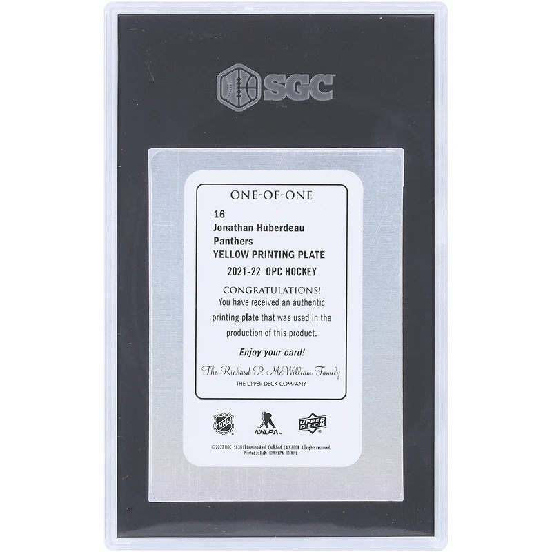 Jonathan Huberdeau Florida Panthers 2021-22 Upper Deck O-Pee-Hockey Yellow Printing Plate #16 #1/1 SGC Authenticated Auth Card