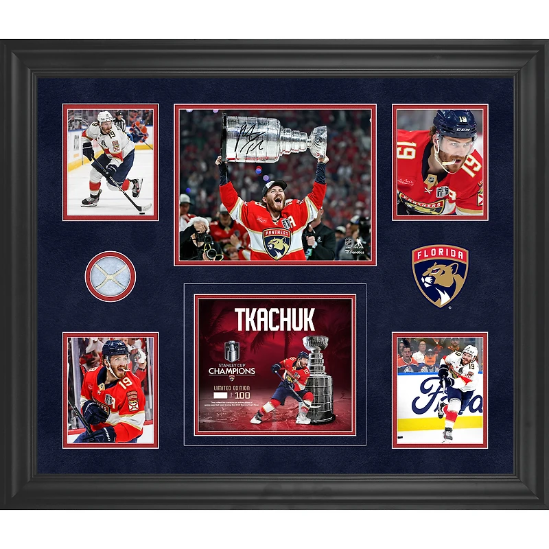 Collage encadré autographié par Matthew Tkachuk des Panthers de la Floride, champion de la Coupe Stanley 2025, 20" x 24" avec un morceau de filet utilisé lors du match de la finale de la Coupe Stanley 2025 - Édition limitée à 100 exemplaires
