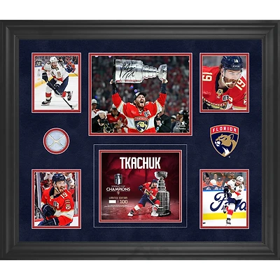 Collage encadré autographié par Matthew Tkachuk des Panthers de la Floride, champion de la Coupe Stanley 2025, 20" x 24" avec un morceau de filet utilisé lors du match de la finale de la Coupe Stanley 2025 - Édition limitée à 100 exemplaires