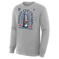 T-shirt à manches longues Fanatics Heather Grey pour homme, Panthers de la Floride, champions Coupe Stanley 2025, vestiaire