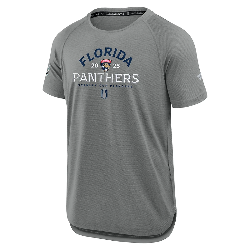 T-shirt de performance authentique Pro Rink Fanatics pour homme, gris chiné, des Panthers la Floride, séries éliminatoires Coupe Stanley 2025