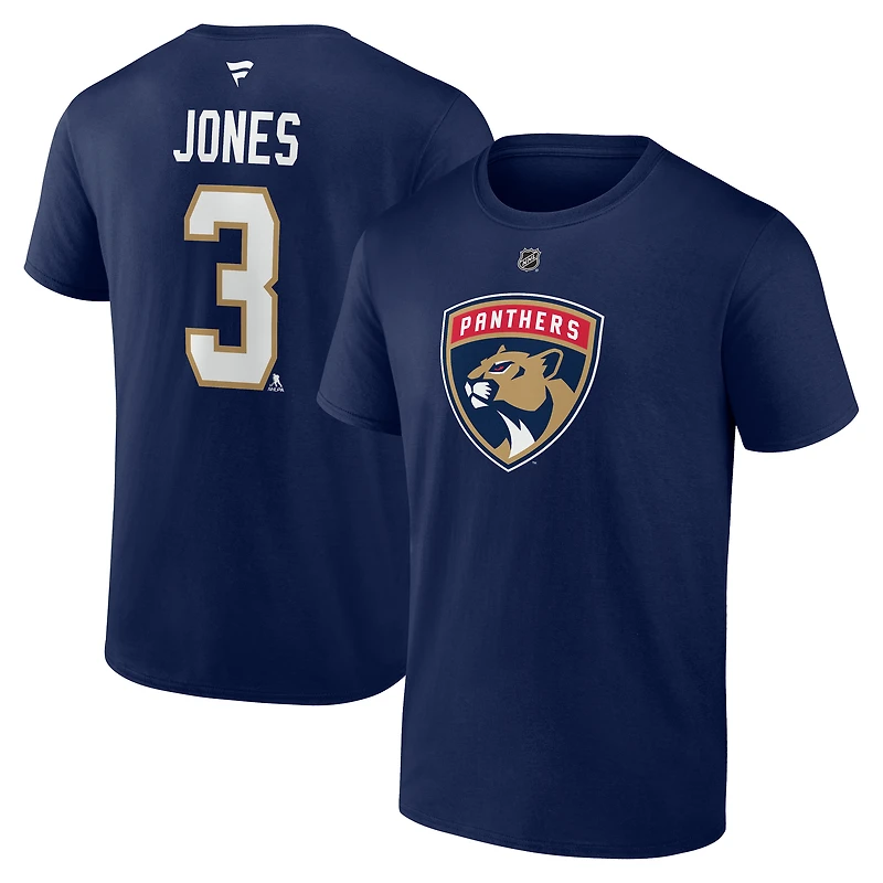T-shirt Fanatics Seth Jones bleu marine pour homme, authentique, avec nom et numéro Stack des Panthers de la Floride