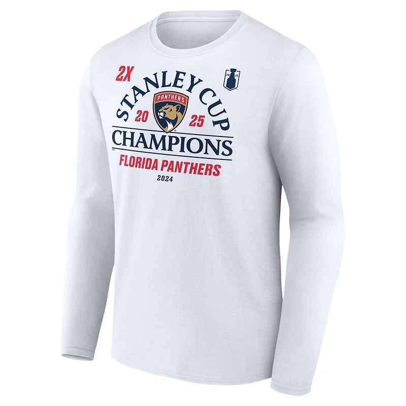 T-shirt à manches longues Fanatics blanc pour homme, Panthers de la Floride, double champion Coupe Stanley