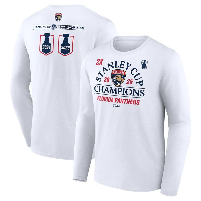 T-shirt à manches longues Fanatics blanc pour homme, Panthers de la Floride, double champion Coupe Stanley