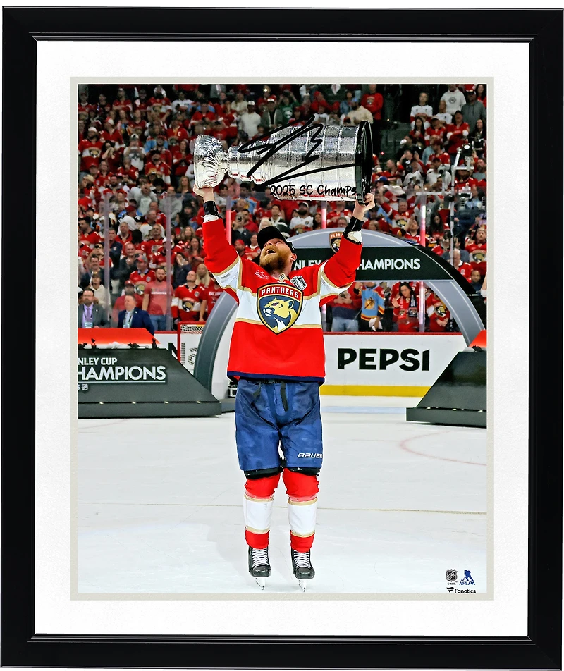 Sam Bennett Florida Panthers Autographed 2025 Stanley Cup Champions 16" x 20" Raising Cup Photograph with "2025 SC Champs" Inscription