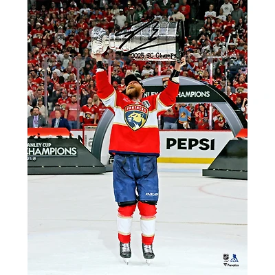 Sam Bennett Florida Panthers Autographed 2025 Stanley Cup Champions 16" x 20" Raising Cup Photograph with "2025 SC Champs" Inscription