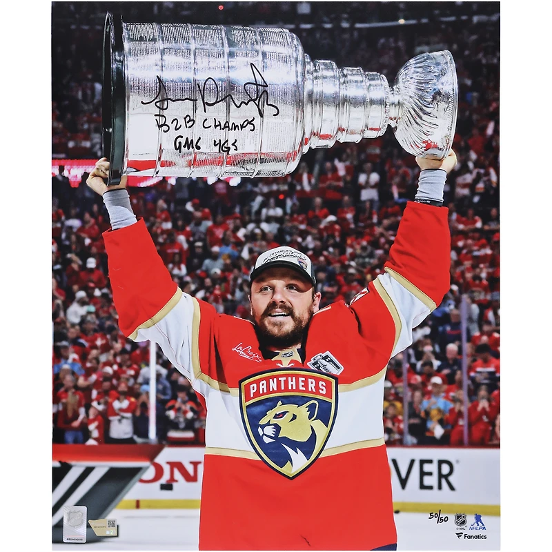 Photo dédicacée de Sam Reinhart, champion de la Coupe Stanley 2025, avec plusieurs inscriptions - Édition limitée n° 50/50