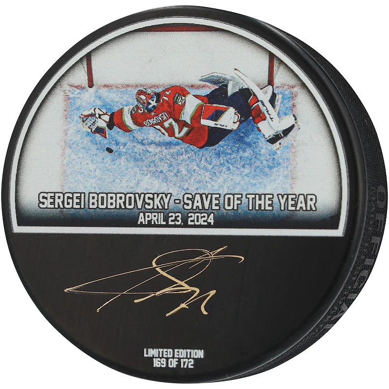 Sergei Bobrovsky Florida Panthers Autographed 2024 Stanley Cup Playoff Diving Save Hockey Puck - Limited Edition of 172 - Signed in Gold