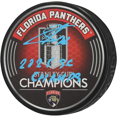 Rondelle de hockey autographiée par Sergei Bobrovsky des Panthers de la Floride, championne de la Coupe Stanley 2025, avec l'inscription « 2025 SC Champs »