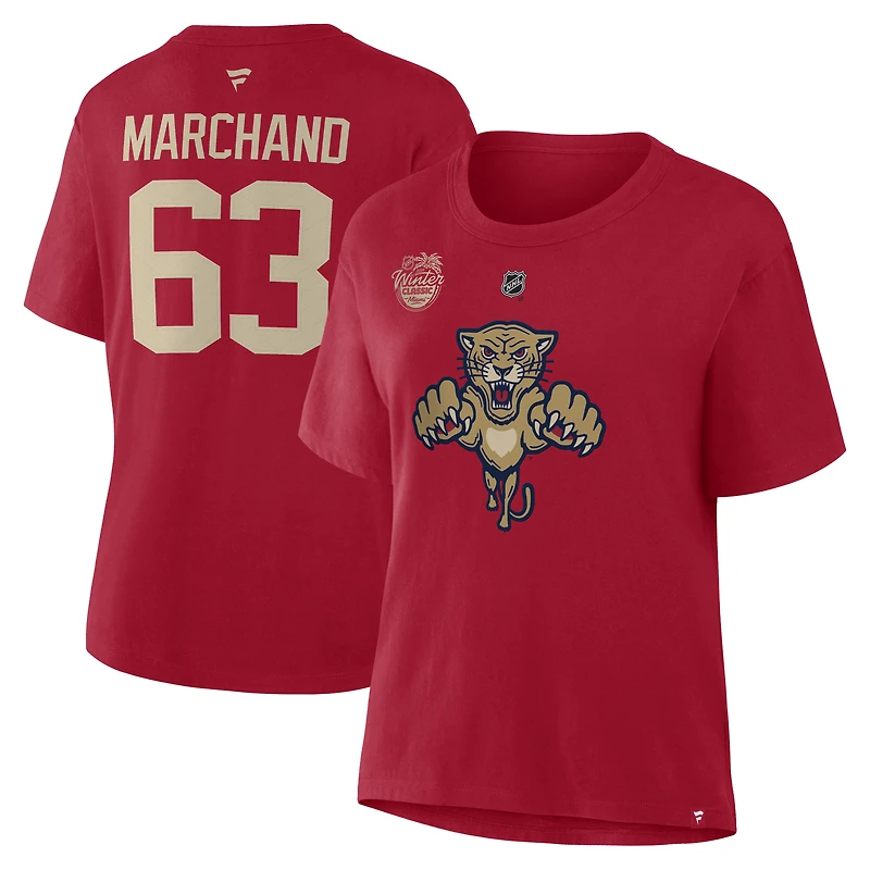 T-shirt authentique Fanatics pour femmes Brad Marchand, Panthers de la Floride, Classique hivernale LNH 2026, avec nom et numéro superposés