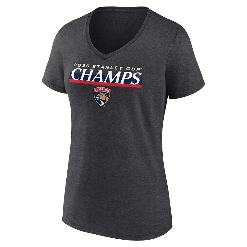 T-shirt col V « Fanatics » pour femmes, couleur anthracite, Panthers de la Floride, champions Coupe Stanley 2025, Give & Go