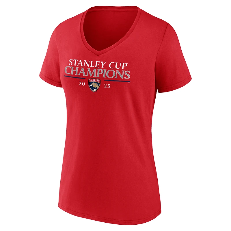 T-shirt à col en V rouge Fanatics pour femmes, équipe des Panthers de la Floride, championnes Coupe Stanley 2025