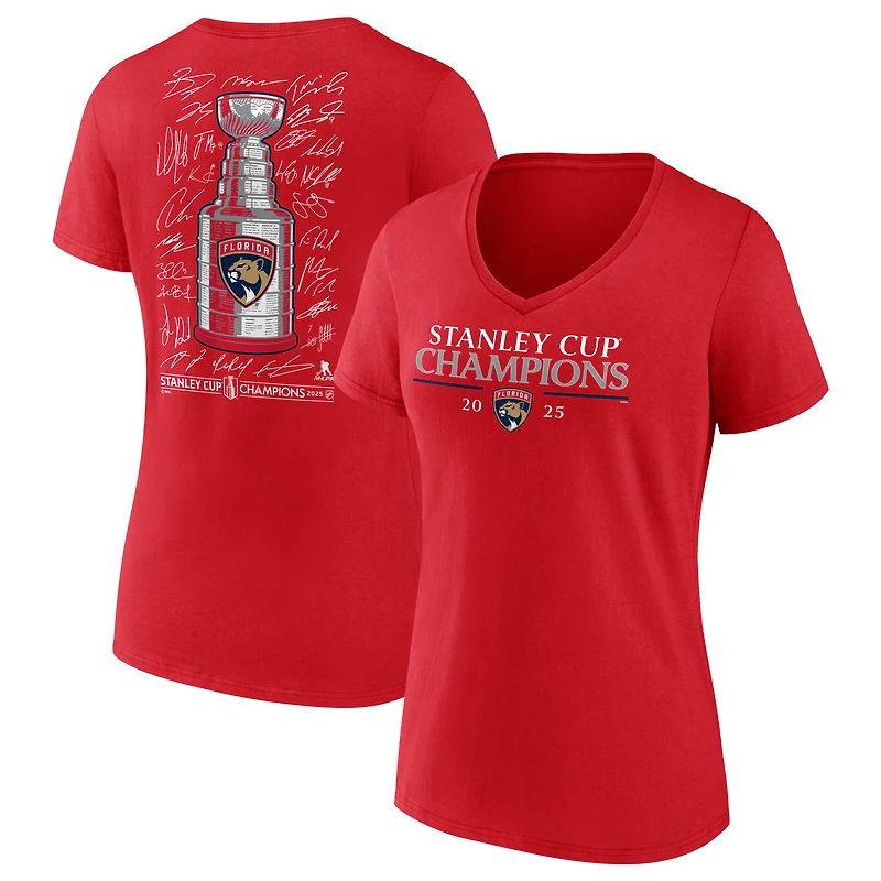 T-shirt à col en V rouge Fanatics pour femmes, équipe des Panthers de la Floride, championnes Coupe Stanley 2025