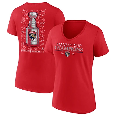 T-shirt à col en V rouge Fanatics pour femmes, équipe des Panthers de la Floride, championnes Coupe Stanley 2025