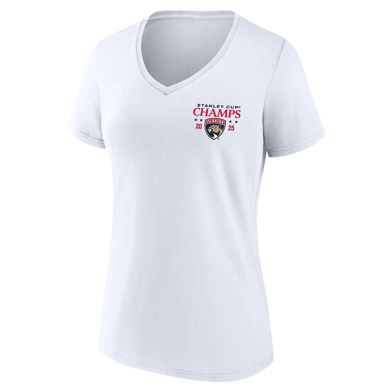 T-shirt à col en V blanc Fanatics pour femmes, maillot des Panthers de la Floride, champions Coupe Stanley 2025