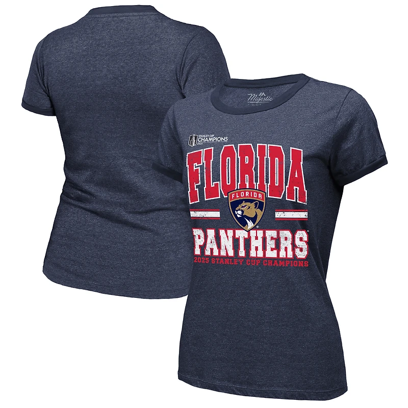 T-shirt bleu marine Majestic Threads pour femme, champion de la Coupe Stanley 2025, avec trois bandes contrastantes