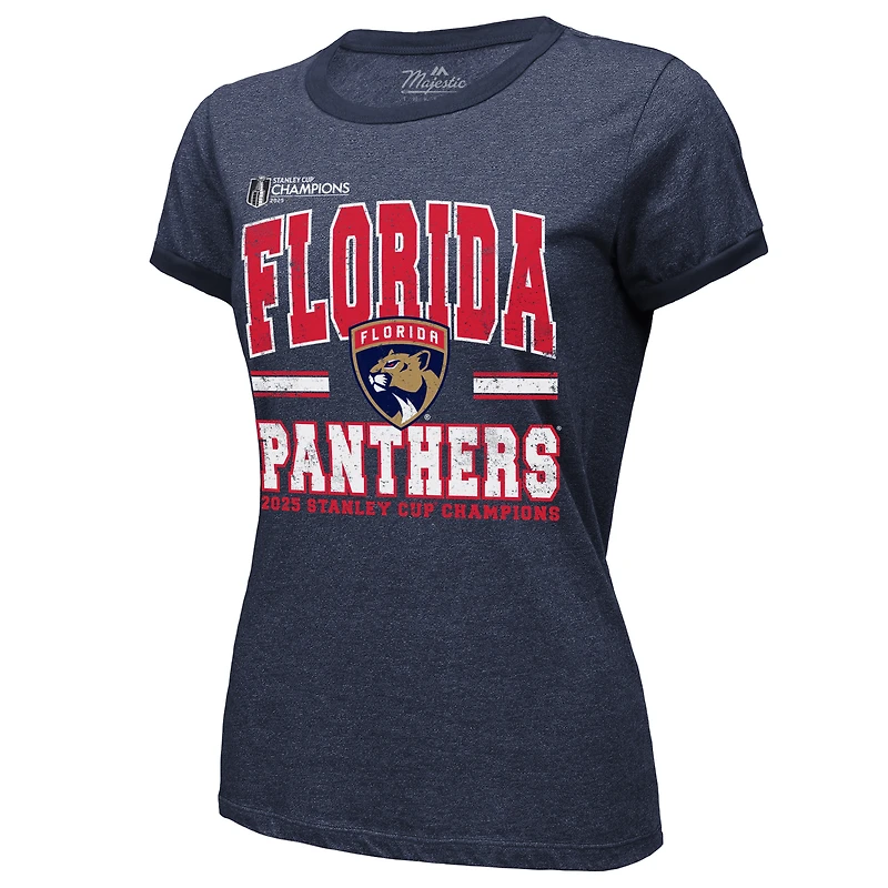 T-shirt bleu marine Majestic Threads pour femme, champion de la Coupe Stanley 2025, avec trois bandes contrastantes