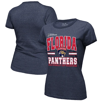 T-shirt bleu marine Majestic Threads pour femme, champion de la Coupe Stanley 2025, avec trois bandes contrastantes