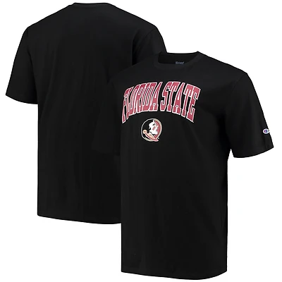 T-shirt Champion noir pour hommes Florida State Seminoles, grandes tailles, avec logo en arc sur fond blanc.