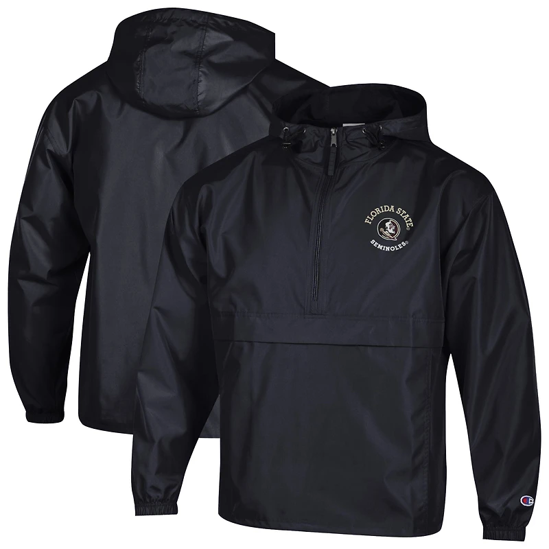 Veste coupe-vent à capuche demi-zip pliable Champion noire Florida State Seminoles pour homme