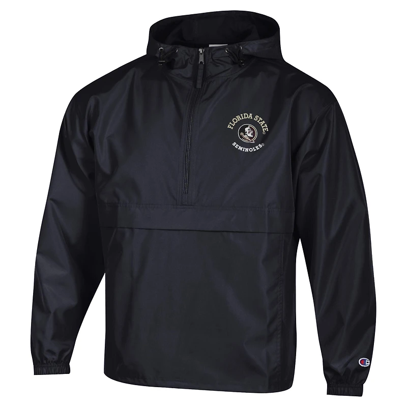Men's Champion  Black Florida State Seminoles Packable Hooded Windbreaker Half-Zip Jacket