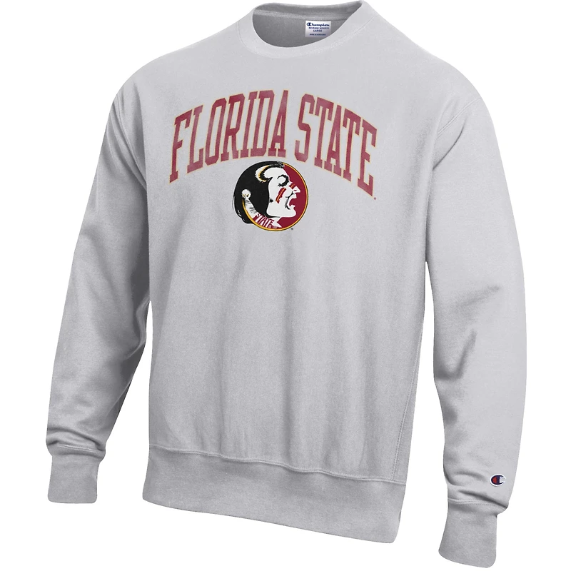 Men's Champion Gray Florida State Seminoles Distressed Arch Over Logo Reverse Weave Crew Neck Sweatshirt