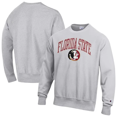 Men's Champion Gray Florida State Seminoles Distressed Arch Over Logo Reverse Weave Crew Neck Sweatshirt