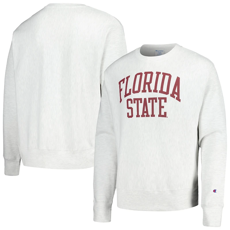 Men's Champion Heather Gray Florida State Seminoles Relaxed Fit Arch Reverse Weave Pullover Sweatshirt
