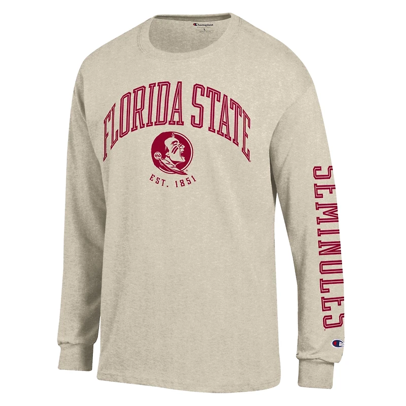 Men's Champion Heather Oatmeal Florida State Seminoles Neutral Arch Long-Sleeve T-Shirt